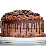 Chocolate Cake with Chocolate Fudge Drizzled Icing and Chocolate Curls on White Backdrop